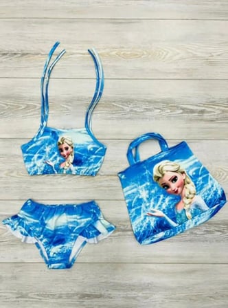 Kız Çocuk 3 Parça  Fırfırlı Bikini Takım Üstü Baskılı Kız Çocuk Mayo Bikini 0128