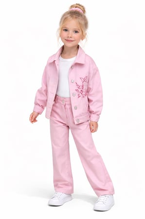 Kız Çocuk Gabardin 3 Parça Pembe Ceketli Takım – Nakış Detaylı Ceket, Basic Body ve Pantolon Set 9920