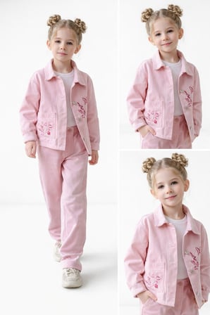 Kız Çocuk Gabardin 3 Parça Pembe Ceketli Takım – Nakış Detaylı Ceket, Basic Body ve Pantolon Set 9920