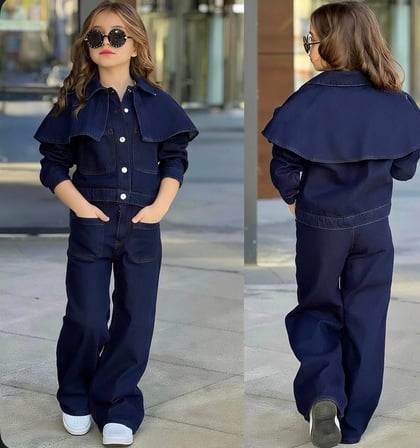 Kız Çocuk 3 Parça Kot  Pelerin Detaylı Ceketli DenimTakım – 25179