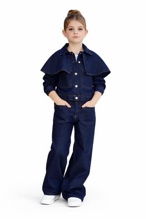 Kız Çocuk 3 Parça Kot  Pelerin Detaylı Ceketli DenimTakım – 25179