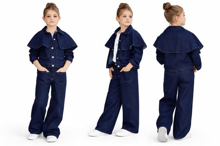 Kız Çocuk 3 Parça Kot  Pelerin Detaylı Ceketli DenimTakım – 25179