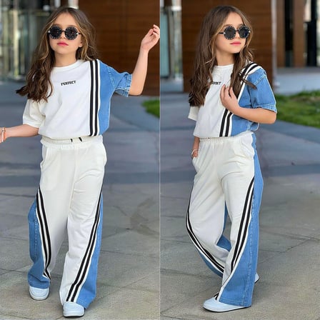 Kız Çocuk Çizgi Detaylı Denim Garnili Eşofman Takımı – Rahat & Trend Stil 6492B