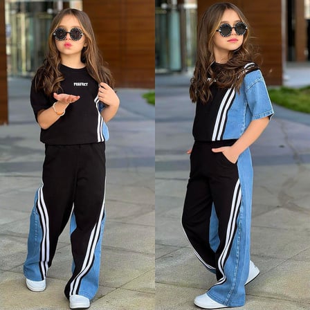 Kız Çocuk Çizgi Detaylı Denim Garnili Eşofman Takımı – Rahat & Trend Stil 6492 Siyah
