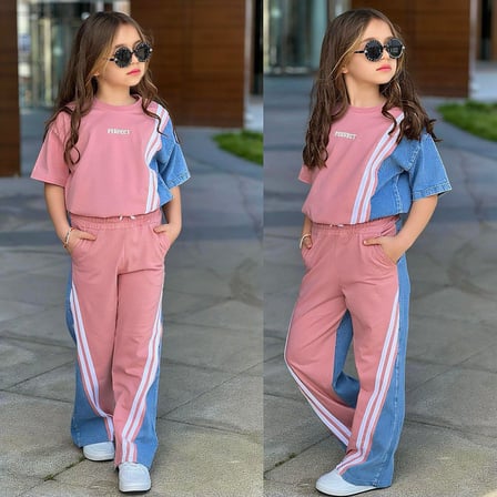 Kız Çocuk Çizgi Detaylı Denim Garnili Eşofman Takımı – Rahat & Trend Stil 6492 Pembe