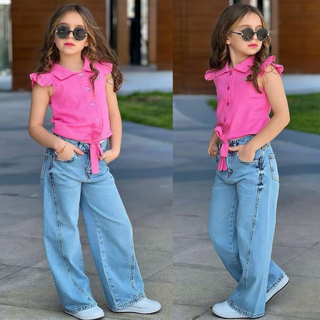 Kız Çocuk Pembe Bağlamalı Gömlek & Bol Paça Kot Pantolon Takım – Şık ve Rahat Yaz Kombini 2572