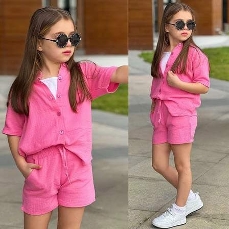 Kız Çocuk Pembe Müslin Şortlu Takım – Yazlık Rahat & Şık Kombin 5001P