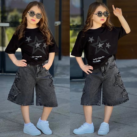 Kız Çocuk Yıldız Baskılı Oversize Tişört & Kot Şort Kombini – Yazlık Şık Takım 2535 Siyah