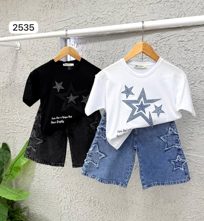 Kız Çocuk Yıldız Baskılı Oversize Tişört & Kot Şort Kombini – Yazlık Şık Takım 2535M