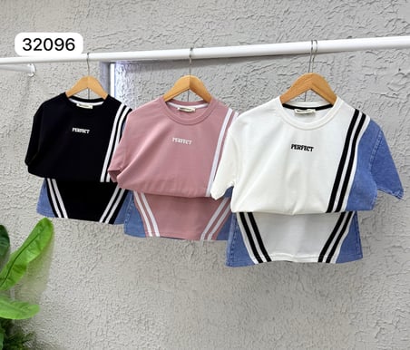 Kız Çocuk Şerit Detaylı Jean Garnili Etekli Takım – Pembe Spor Şık 2’li Takım 32096-P