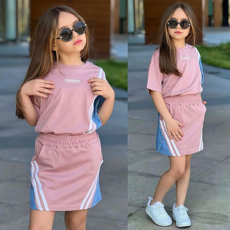 Kız Çocuk Şerit Detaylı Jean Garnili Etekli Takım – Pembe Spor Şık 2’li Takım 32096-P