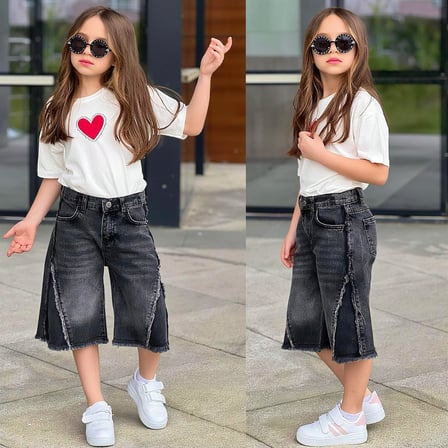 AY KİDS Kız Çocuk Kalp Baskılı Oversize Tişört & Bol Paça Jean Kapri Kombin Takım  2689S