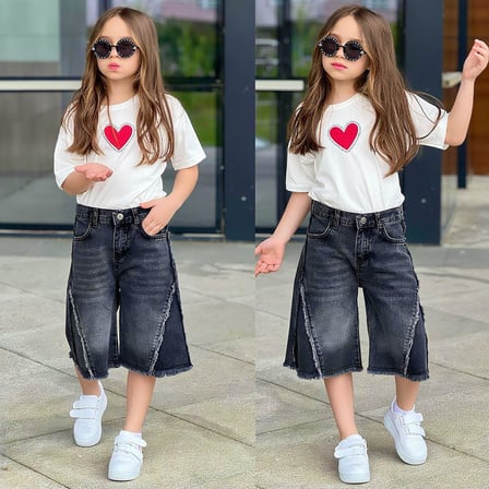 AY KİDS Kız Çocuk Kalp Baskılı Oversize Tişört & Bol Paça Jean Kapri Kombin Takım  2689S