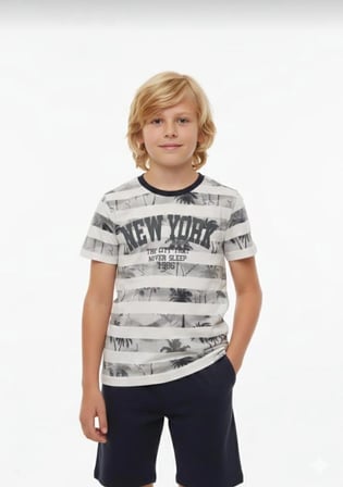 Erkek Çocuk New York Baskılı Çizgili Kapri Pijama Takımı – Yazlık Rahat Takım 3927-