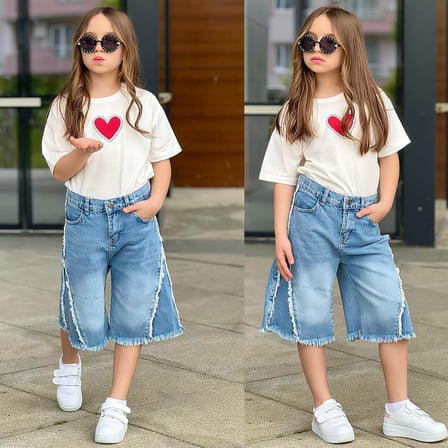 AY KİDS Kız Çocuk Kalp Baskılı Oversize Tişört & Bol Paça Jean Kapri Kombin Takım 2689M