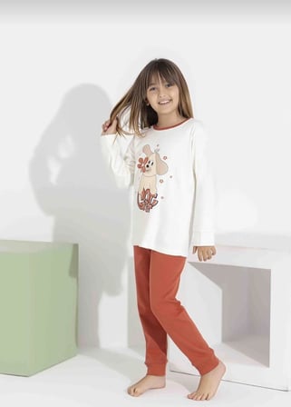 Kız Çocuk Baskılı Uzun Kollu Pijama Takımı – Sevimli Ev Giyimi-8408-