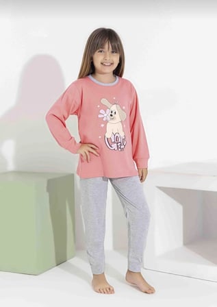 Kız Çocuk Baskılı Uzun Kollu Pijama Takımı – Sevimli Ev Giyimi-8408-