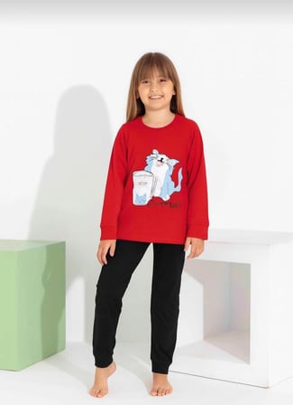 Kız Çocuk Kedi Baskılı Uzun Kollu Pijama Takımı – Rahat Ev Giyimi-8411-