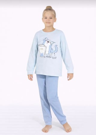 Kız Çocuk Kedi Baskılı Uzun Kollu Pijama Takımı – Rahat Ev Giyimi-8411-