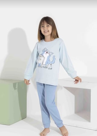 Kız Çocuk Kedi Baskılı Uzun Kollu Pijama Takımı – Rahat Ev Giyimi-8411-
