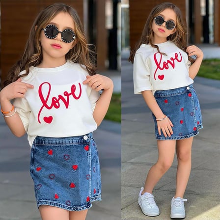 AYKİDSCLUP Kız Çocuk 2’li Takım – Love Baskılı Tişört & Kalp Desenli Kot Şort Etek Şık Yaz Kombini 2675M