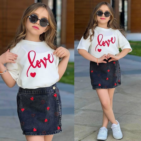 AYKİDSCLUP Kız Çocuk 2’li Takım – Love Baskılı Tişört & Kalp Desenli Kot Şort Etek Şık Yaz Kombini 2675S