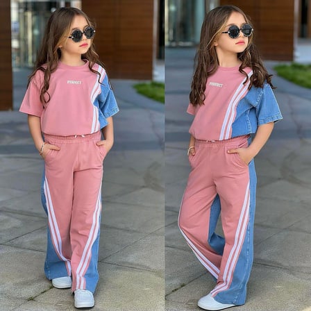 Kız Çocuk Pembe Denim Garnili Şerit Detaylı Alt Takım Yeni Sezon 6493