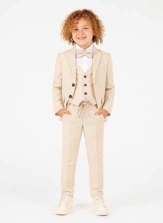Erkek Çocuk Damatlık 4 Parça Bej  Blazer Ceket & Gömlek & Pantalon & Papyon  Şık Takım Elbise 5428-