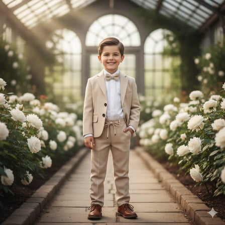 Erkek Çocuk Damatlık 4 Parça Bej  Blazer Ceket & Gömlek & Pantalon & Papyon  Şık Takım Elbise 5428-