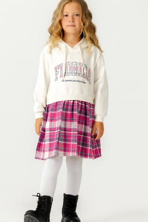 Kız Çocuk Sweatshirt Görünümlü Ekose Desenli Elbise-1710-