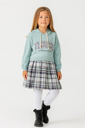Kız Çocuk Sweatshirt Görünümlü Ekose Desenli Elbise-1710-M-