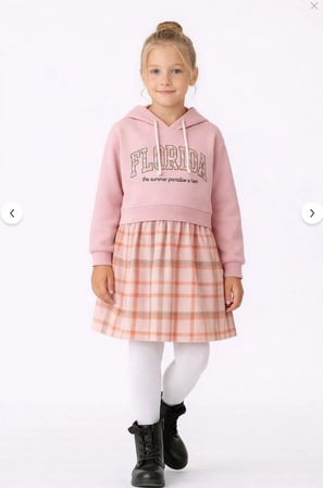 Kız Çocuk Sweatshirt Görünümlü Ekose Desenli Elbise-1710-P-
