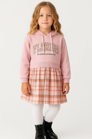 Kız Çocuk Sweatshirt Görünümlü Ekose Desenli Elbise-1710-P-