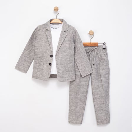 Erkek Çocuk Keten 3'lü Tişörtlü Ceketli Takım 2854 Gri