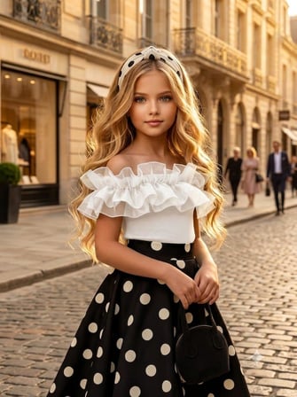 Kız Çocuk Puantiyeli Özel Tasarım Çantalı Bandanlı Etek Takım 1921B
