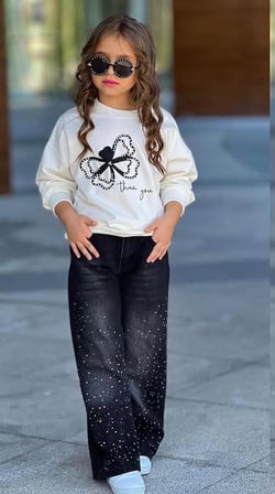 Aykidsclup Kız Çocuk Kelebek Baskılı Sweatshirt ve Işıltılı Bol Paça Kot Pantolon Şık Kombin 2525-