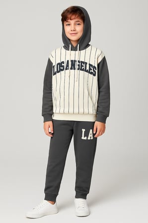 Erkek Çocuk 2 İplik Baskılı Kapüşonlu Sweatshirt ve Eşofman Altı 2’li Takım 7489-Y
