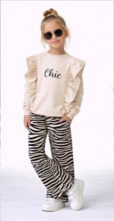 Kız Çocuk "Stay Chic" Fırfırlı Sweatshirt ve Zebra Desenli Takım

 50041-