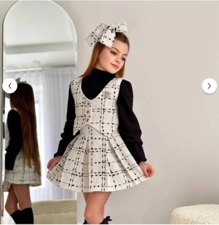Kız Çocuk Ekose Desenli Yelek Etek Badi Etekli Takım 0311