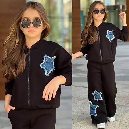 Kız Çocuk Kot Yıldız Detaylı Şardonlu Fermuarlı Sweatshirt ve Bol Paça Eşofman Takımı 43183 S-