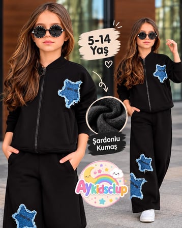 Kız Çocuk Kot Yıldız Detaylı Şardonlu Fermuarlı Sweatshirt ve Bol Paça Eşofman Takımı 43183 S-