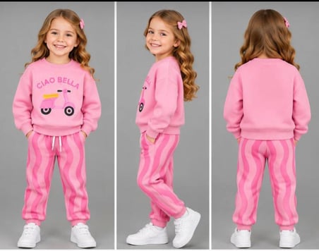 Kız Çocuk 3 İplik Şardonlu Baskılı Sweatshirt ve Dalgalı Çizgili Eşofman Takımı – 2 Parça 0910-P