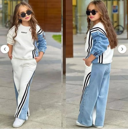Kız Çocuk 3 İplik Şardonlu Kot Garnili Çizgi Detaylı Sweatshirt ve Bol Paça Eşofman Takımı 1610-
