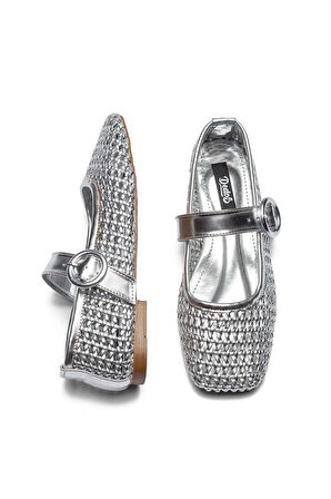 Kadın Gümüş Renk Hasır Örgü Babet 9210