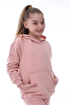 Basic Kapüşonlu Şardonlu Kanguru Cep Detaylı Çocuk Sweatshirt 3-10 Yaş Pudra