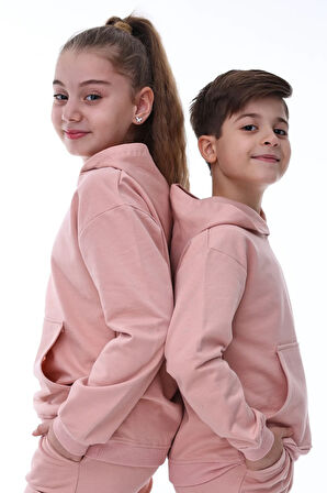 Basic Kapüşonlu Şardonlu Kanguru Cep Detaylı Çocuk Sweatshirt 3-10 Yaş Pudra