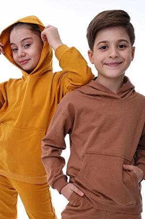 Basic Kapüşonlu Şardonlu Kanguru Cep Detaylı Çocuk Sweatshirt 3-10 Yaş Pudra