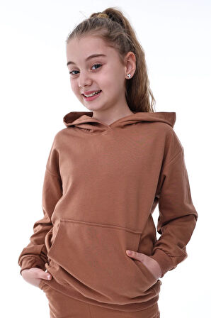 Basic Kapüşonlu Şardonlu Kanguru Cep Detaylı Çocuk Sweatshirt 3-10 Yaş Pudra