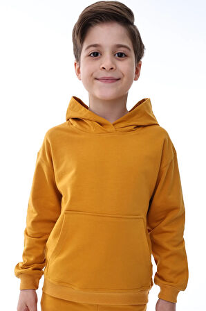 Basic Kapüşonlu Şardonlu Kanguru Cep Detaylı Çocuk Sweatshirt 3-10 Yaş Pudra