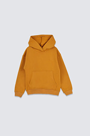 Basic Kapüşonlu Şardonlu Kanguru Cep Detaylı Çocuk Sweatshirt 3-10 Yaş Pudra